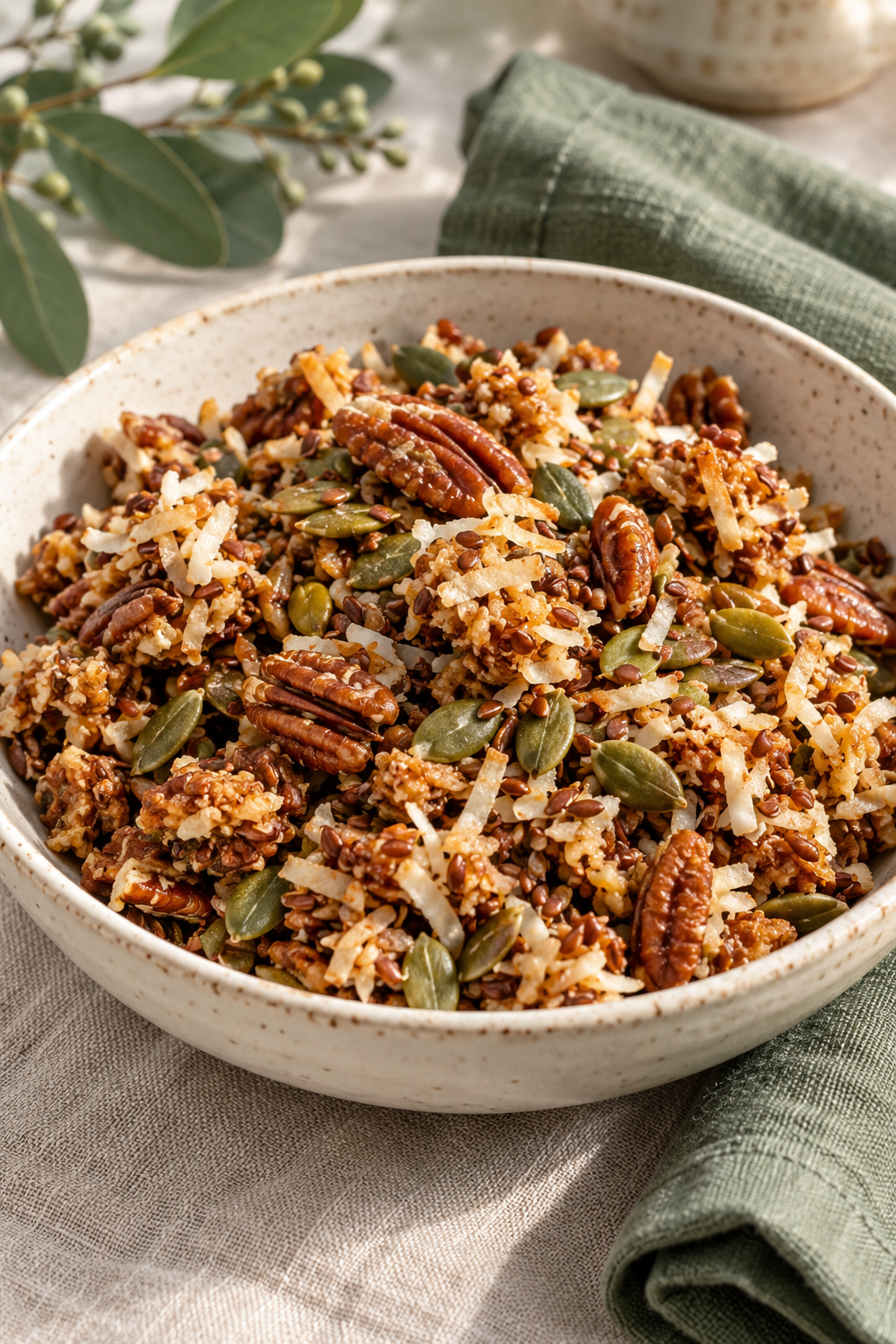 Oat-free granola with pecans, shredded coconut, pumpkin seeds and whole flaxseed